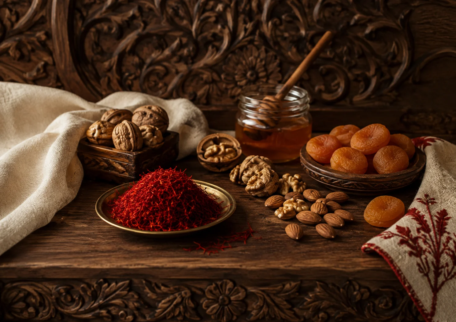 Kashmir saffron, honey, walnuts, and dried apricots
