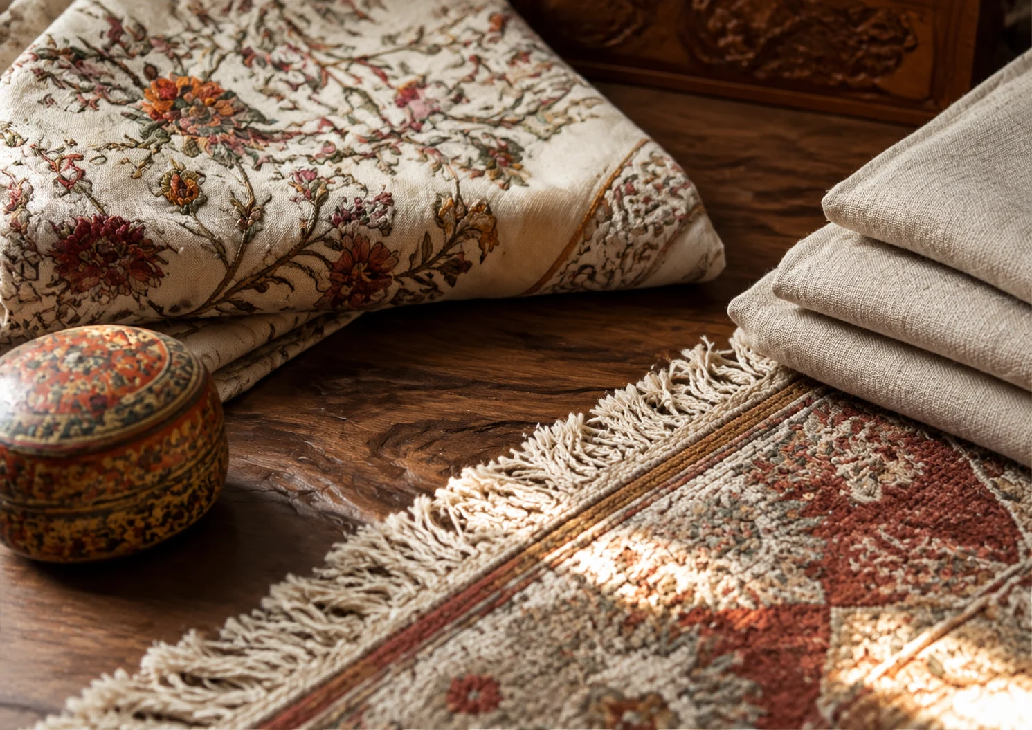 Kashmiri textiles and a handwoven rug on walnut