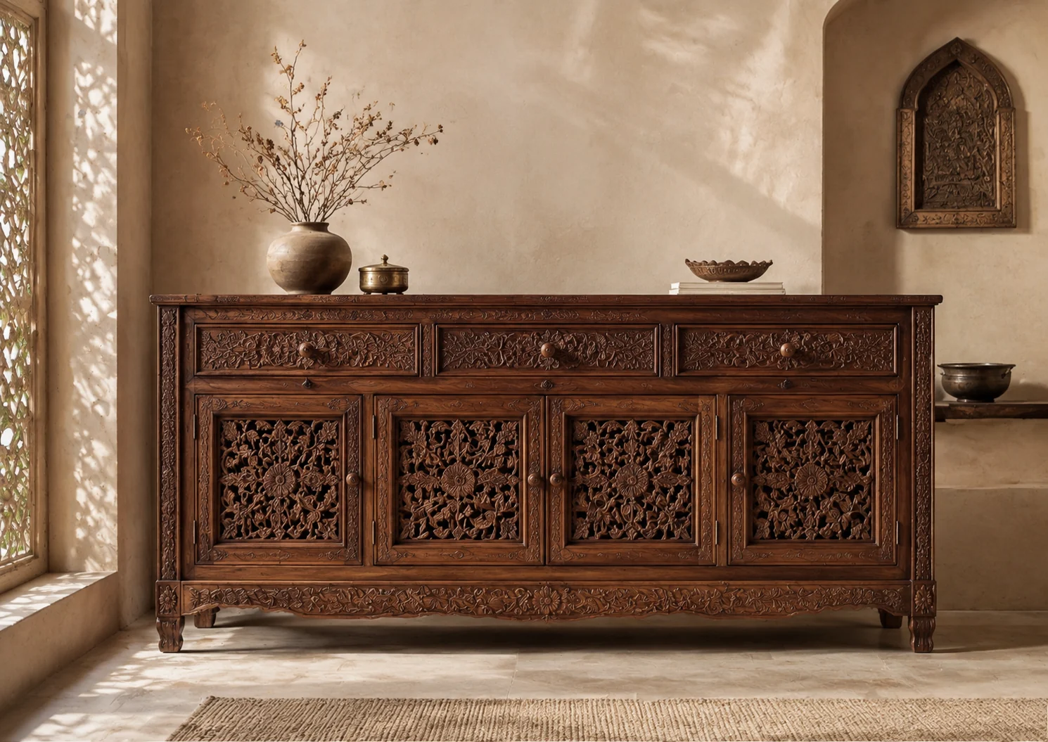 A hand-carved walnut sideboard in a sunlit interior